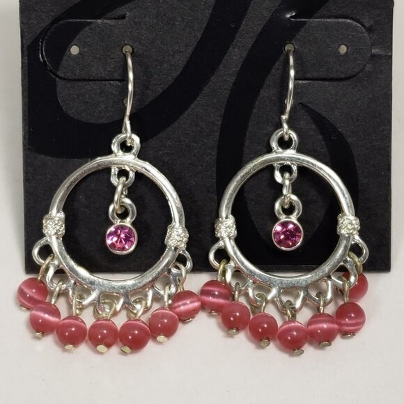 2/$30 Silver tone Pink Dangling Beads & sparkling Crystal Drop Earrings Jewelry - Picture 1 of 7